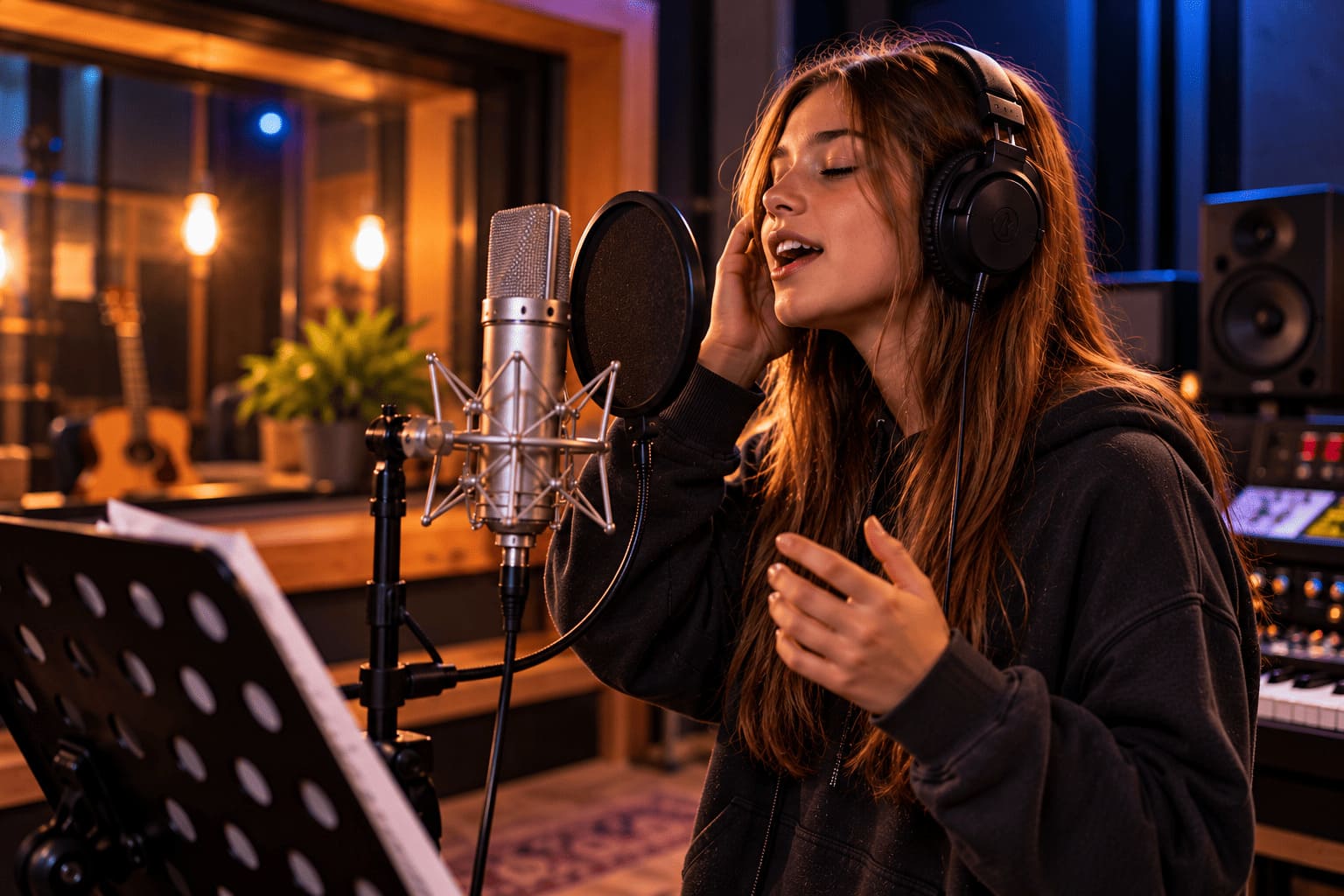 Adolescente enregistrant une chanson au micro dans un studio